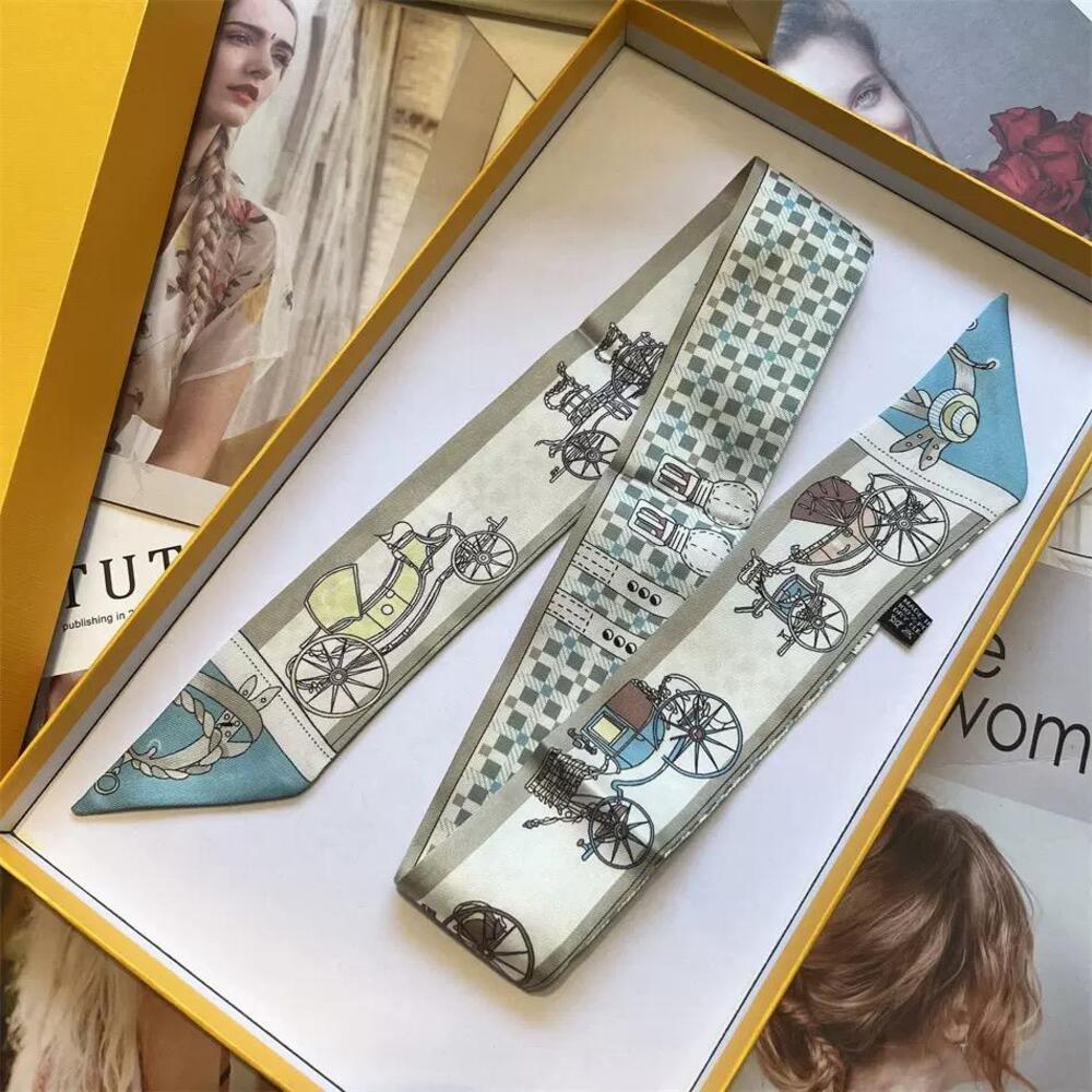 Luxury Style Carriage Rider Print Silky Skinny Purse Scarf Light Blue